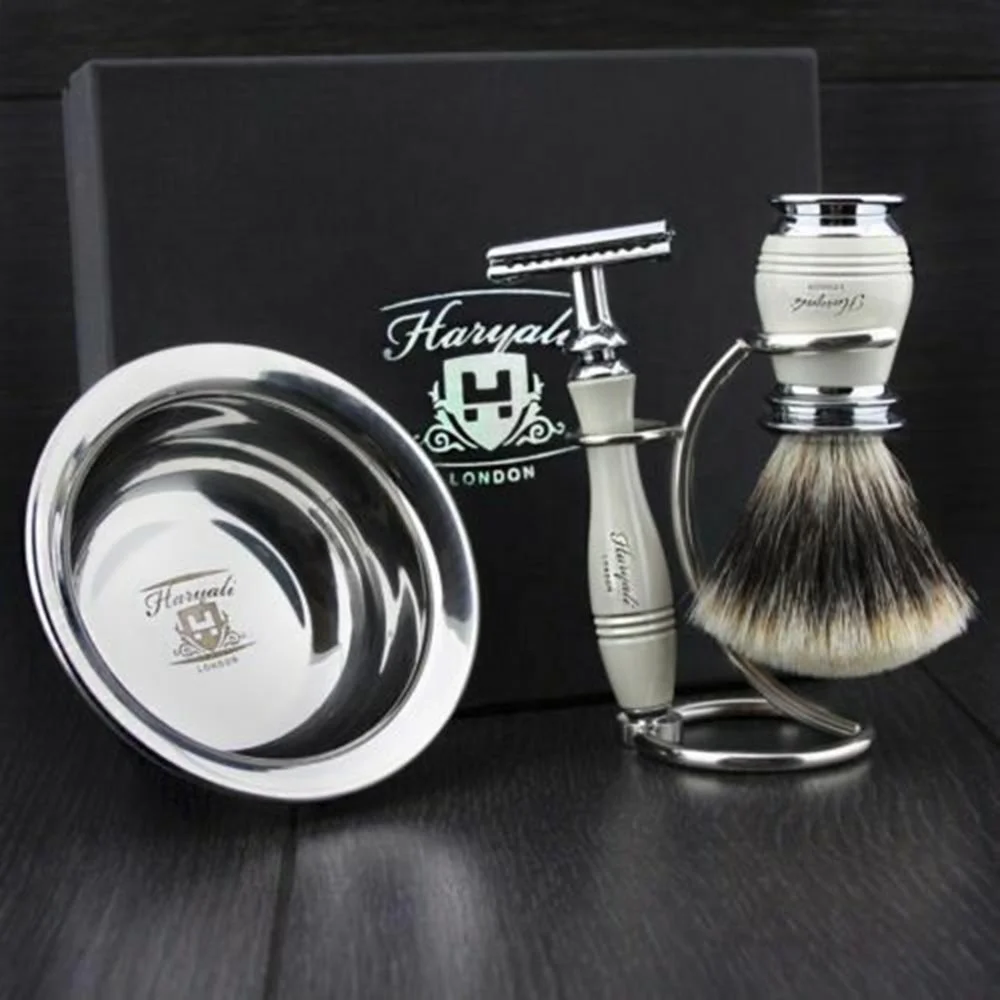 
Мужской подарочный набор для бритья цвета слоновой кости с кисточкой из барсука, бритвенным станком, подставкой и чашей 