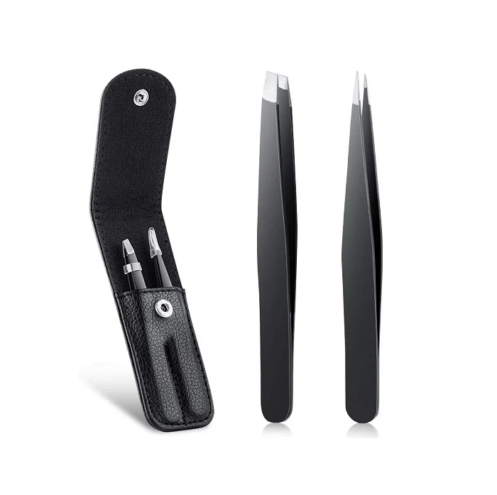 2pcs Eyebrow Tweezers Professional Stainless Steel slanted and pointed tip Wholesale eyebrow eyelash tweezers set