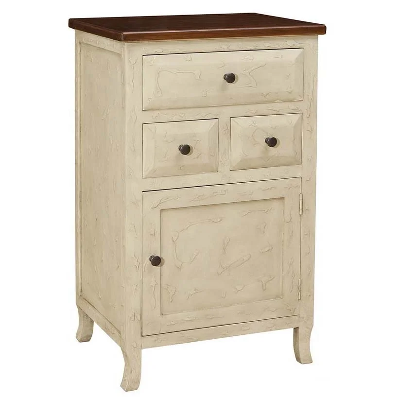 CREAM ANTIQUE VINTAGE RETRO WOODEN CABINET W/1 DOOR & 3 DRAWERS