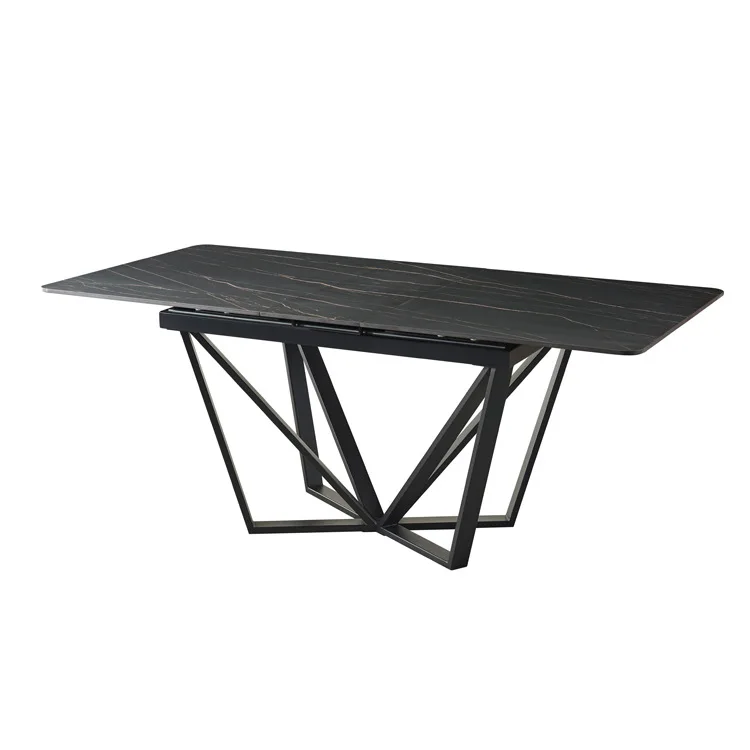 China Contemporary Sintered Stone Black Metal Frame Center Liftup Extendable Luxury Dining Table in 3 Colors