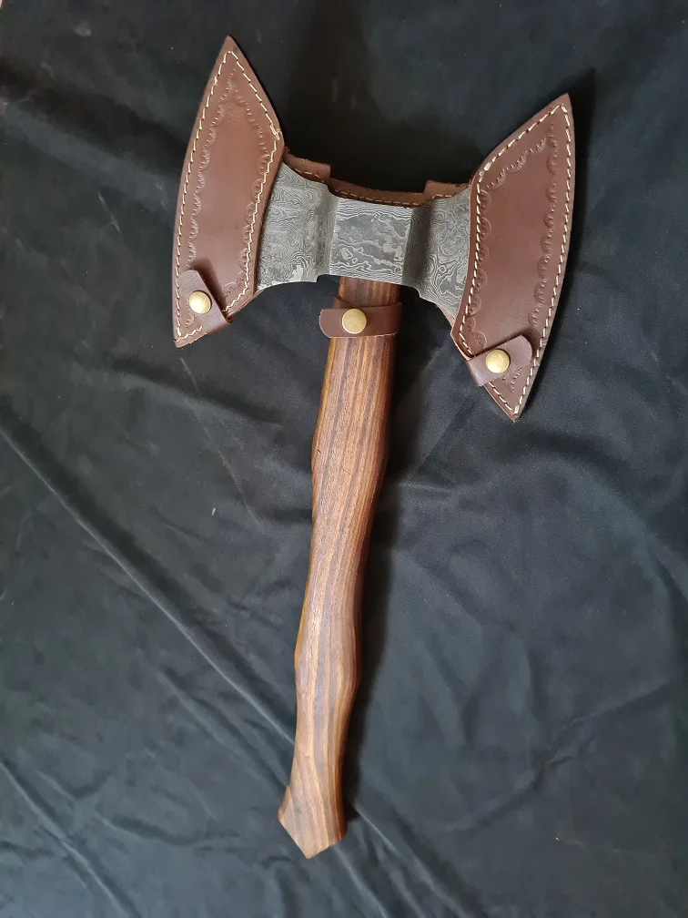 custom handmade Damascus steel double edge blade Axe with leather cover