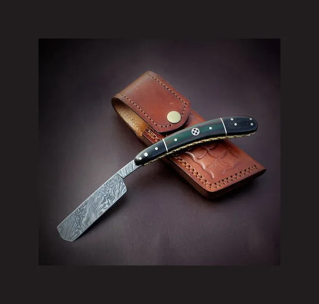 Прямая бритва из дамасской стали с ручкой