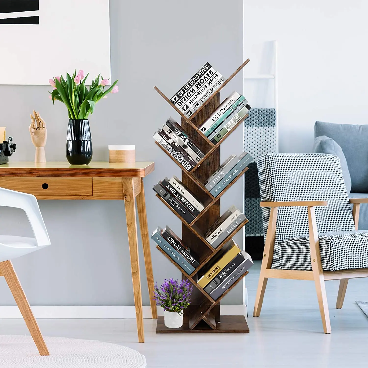 9-Shelf Wooden Tree Bookshelf, Floor Standing Tree Bookshelf