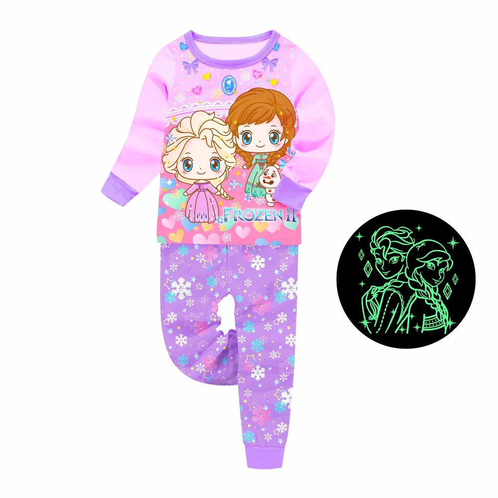 2 PCs Designer Children Girls princess Nightwear Sleep Wear glow in the dark kids pajamas