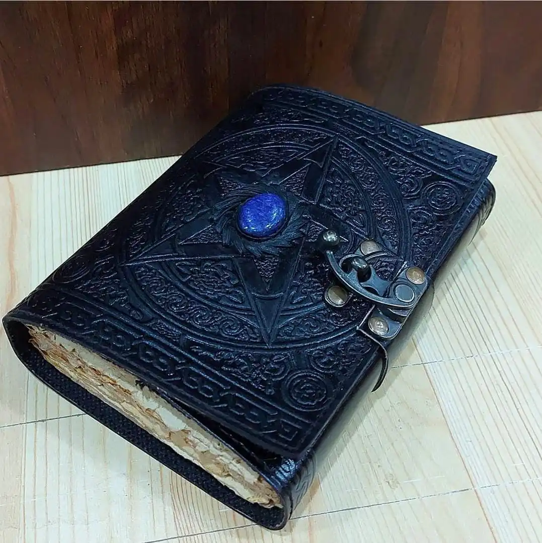 Handmade paper Leather Diary with lock, embossed mandala print with single stone with lock, travel notepad and dairy