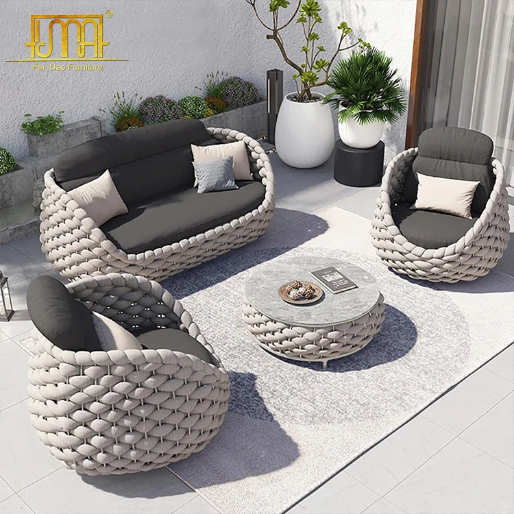 Outdoor furniture pool side 3 seat aluminum rope patio garden sofa set