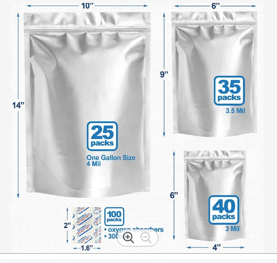 Heat Seal Resealable 400CC Aluminum Foil Food Plastic Packaging Mylar Bags for Food Storage With Oxygen Absorbers