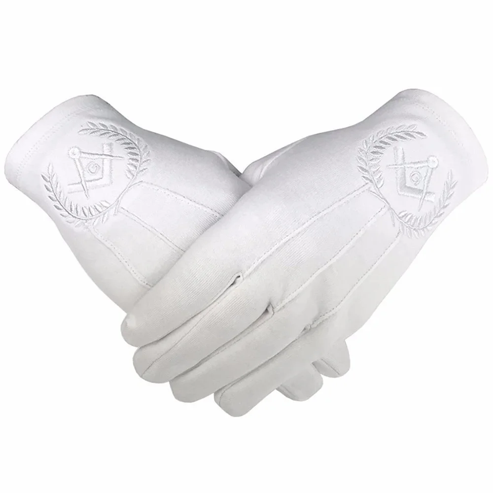 Full Finger Adjustable Masonic Gloves In White Color With Masonic Logo Embroidery