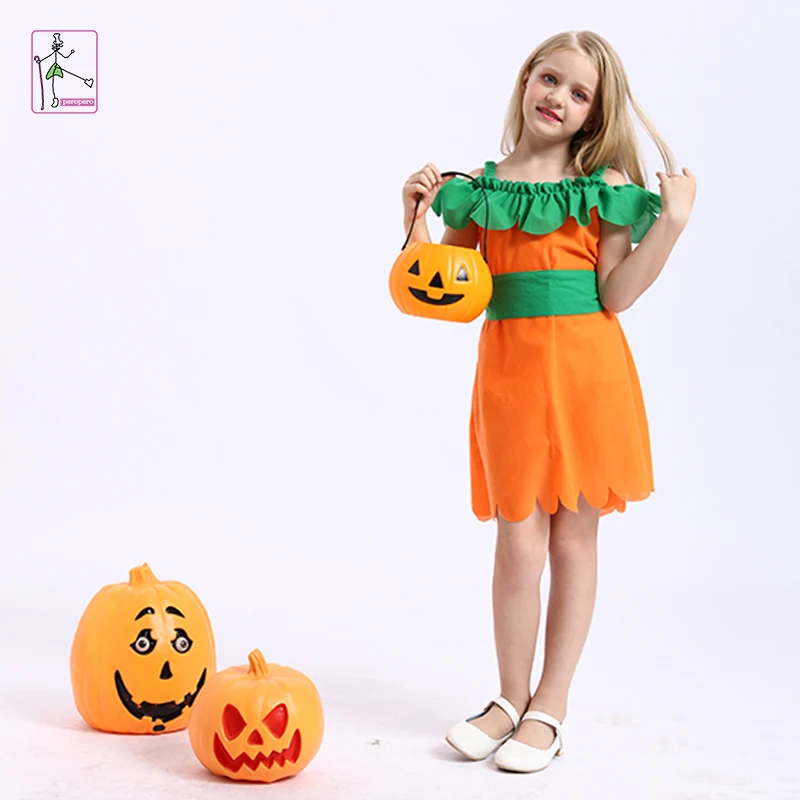 Factory price sweet pumpkin girl costume fancy dress halloween witch costume for kids fairy witch costume