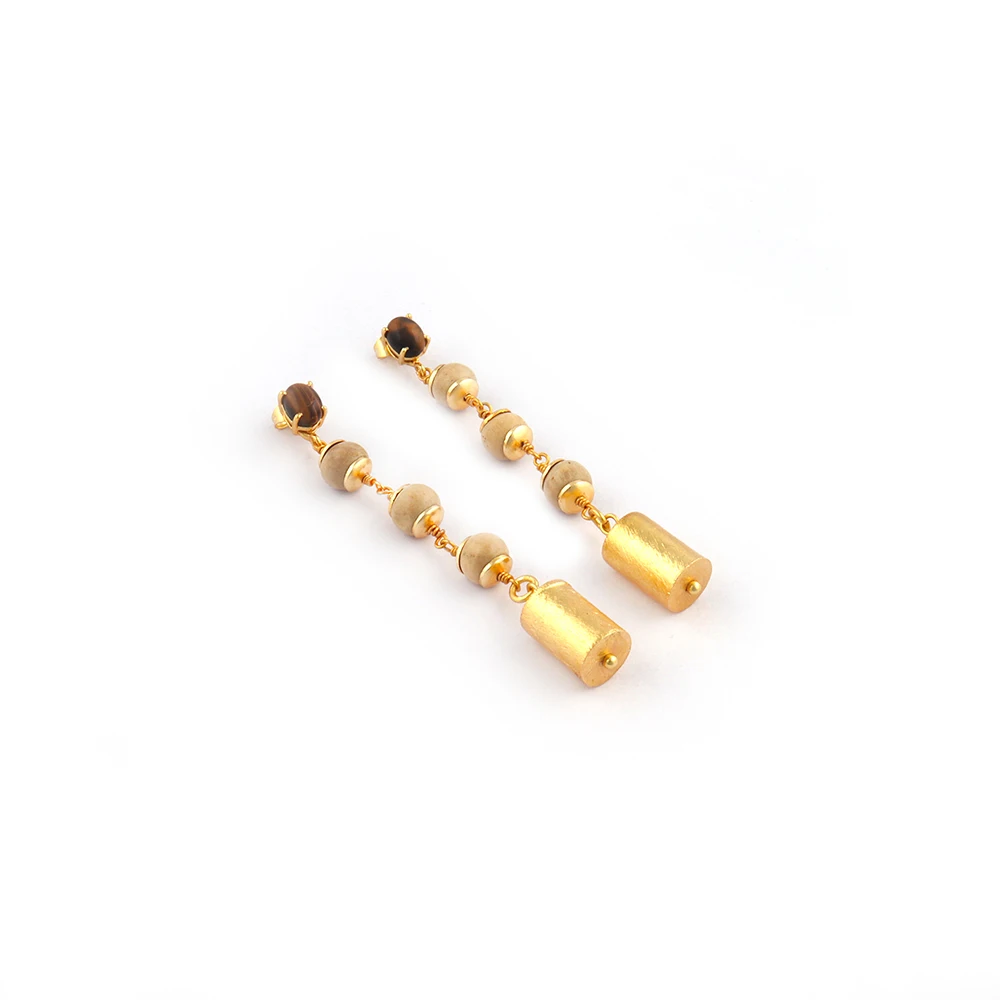 Tiger Eye And Wood Gemstones Stud Earring Oval Shape Stone Prong Setting Stud Earring Gold Plated Jewellery, Mode Joyas, E-1019.