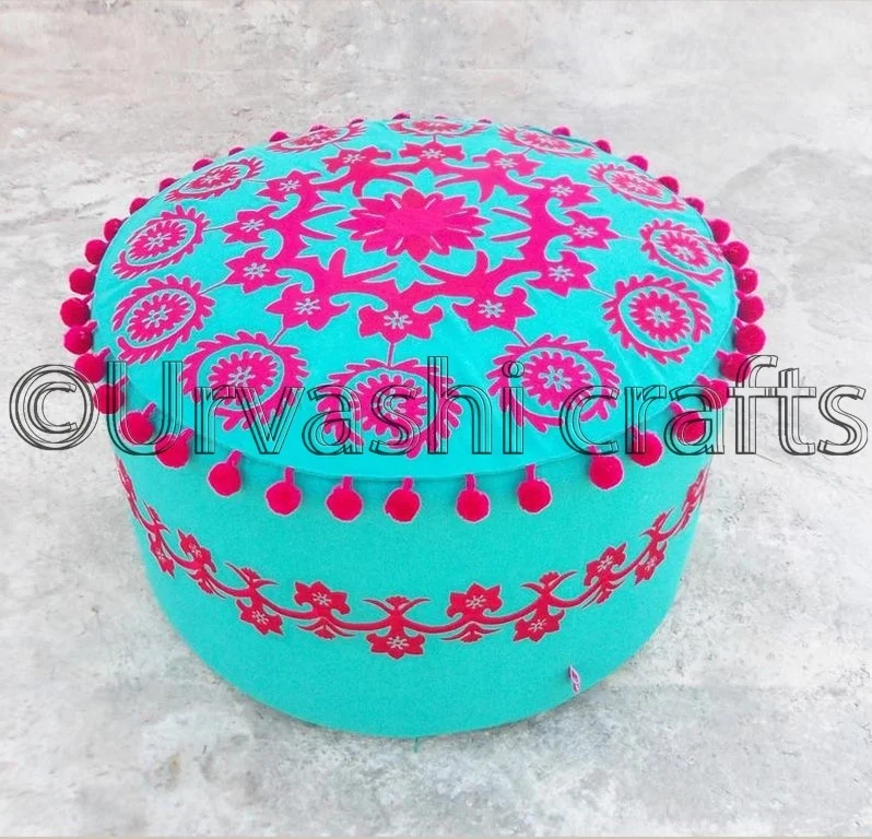 Made in india new gypsy fashion 22X12 inches fluorescent pink with turquoise bohemian ottoman cover folk pouf