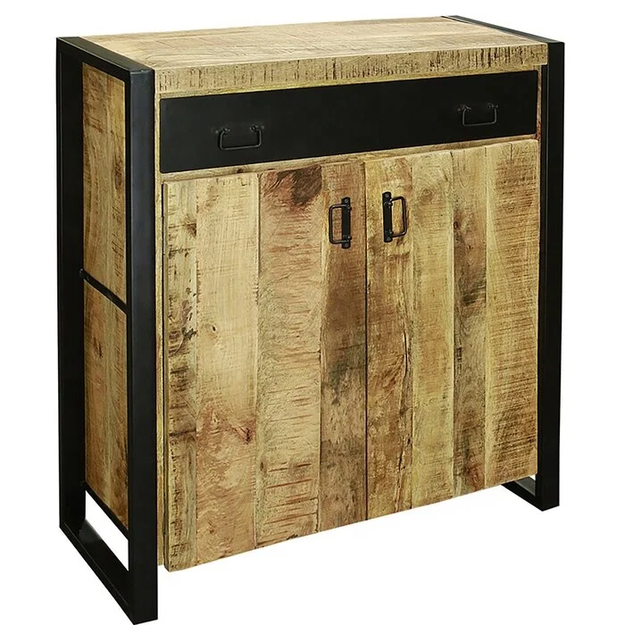 Industrial Mango Ara Cabinet with 2 Doors & 1 Drawer Accent Rustic Cabinet Sideboard for Living Room Indian Jodhpur Cabinet