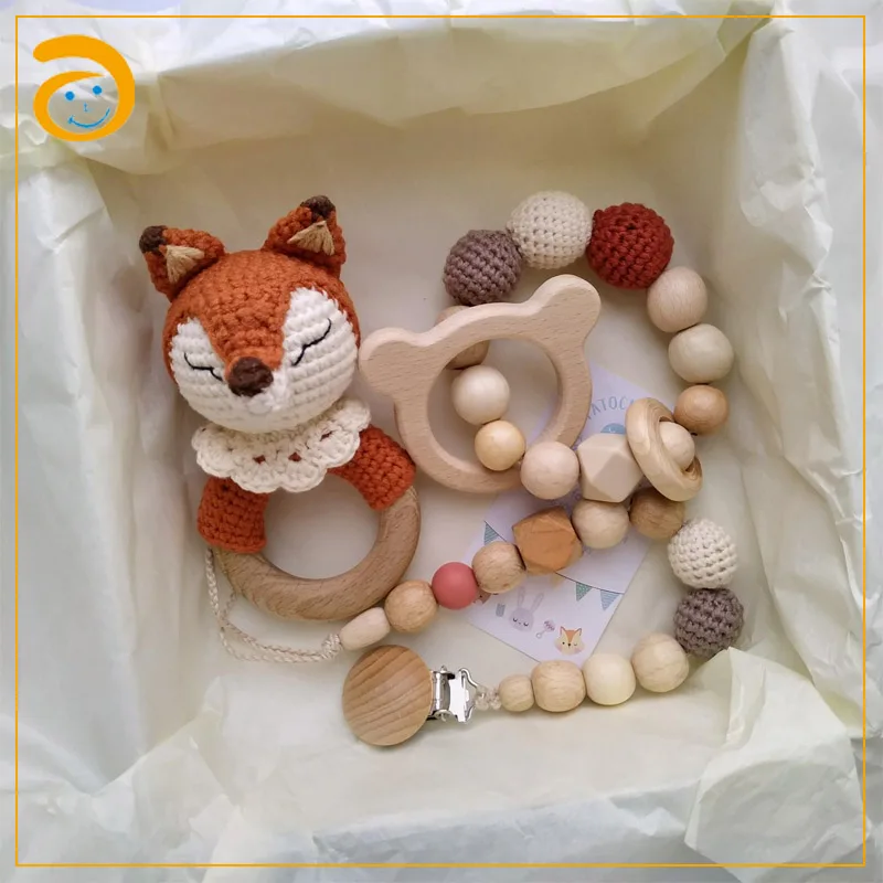 Amigurumi Elephant crochet teething rattles wooden pacifier clip autism sensory toys