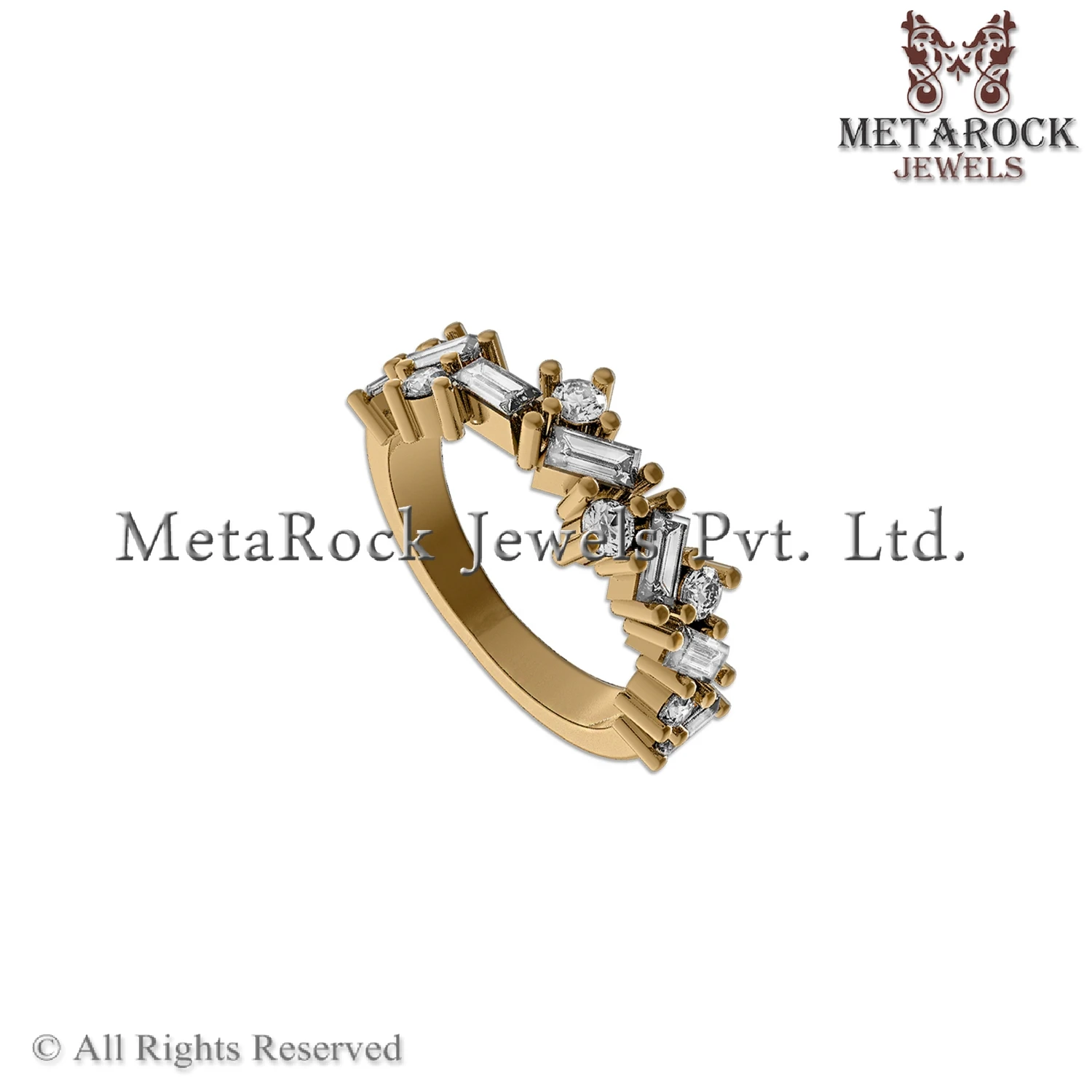 14k Yellow Gold White Topaz Gemstone Baguette Wedding Band Ring Handmade Jewelry