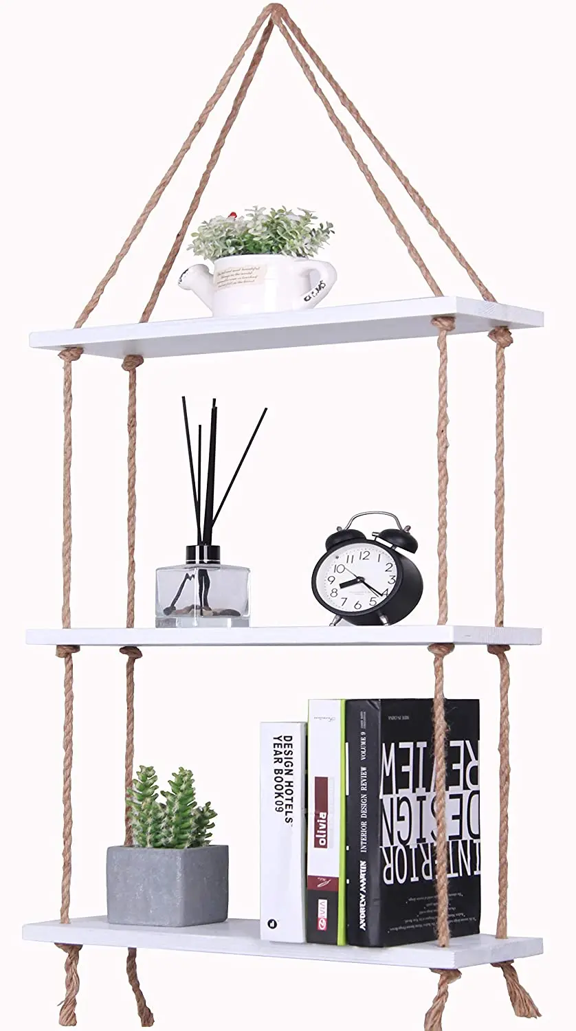 Rustic Rope Hanging Shelves for Wall Wood Window Plant Shelf Indoor 3 Tier Rustic White