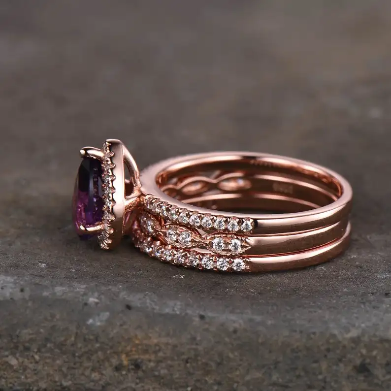 Amethyst Engagement Ring Set Stacking Wedding Bands February Birthstone Rose Gold Plated Bridal 925 Silver