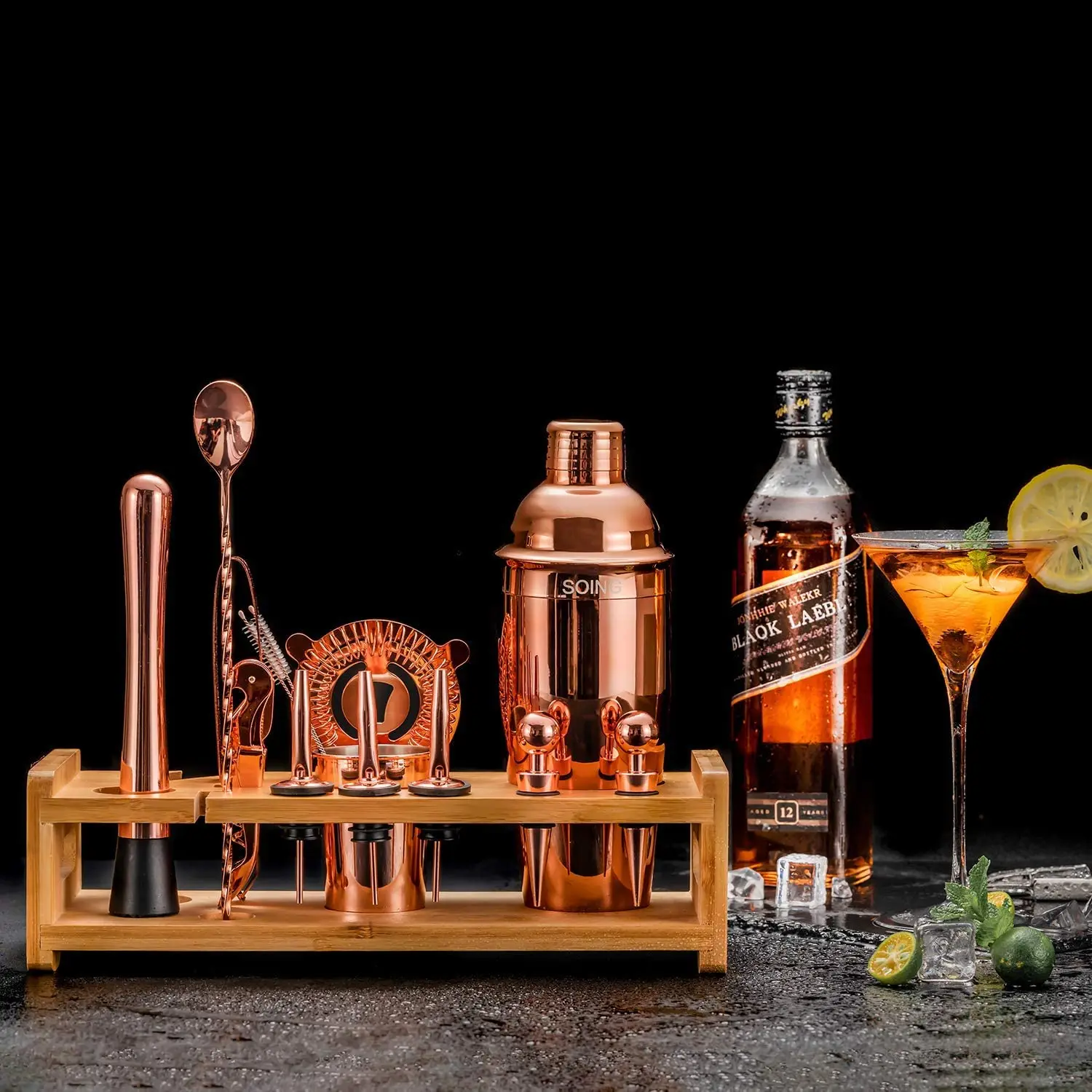 Soing Rose Copper 24Piece Cocktail Shaker Set Perfect Home Bartending Kit for Drink Mixing Stainless Steel Bar Tools With Stand