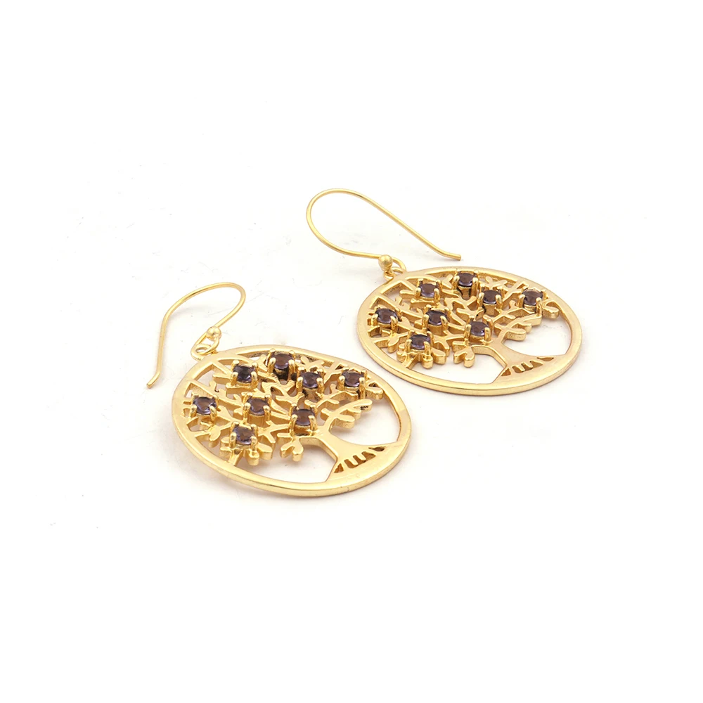 Mode Joyas, Gold Plated Purple Amethyst Gemstone Hook Earring Brass Metal Tree Design Beads Stone Earrings Jewellery. E-627