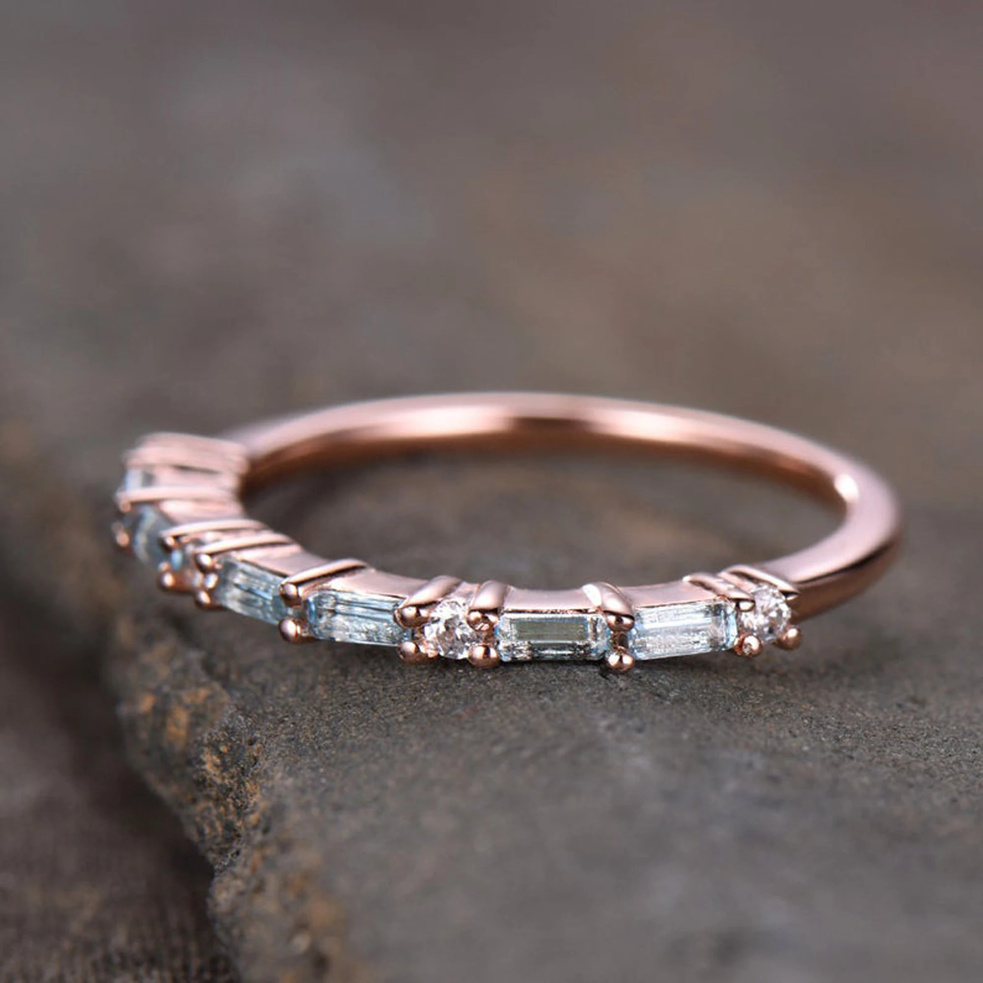 Topaz Wedding Ring Baguette Cut Blue CZ Stacking Band Rose Gold Plated Sterling Silver Anniversary