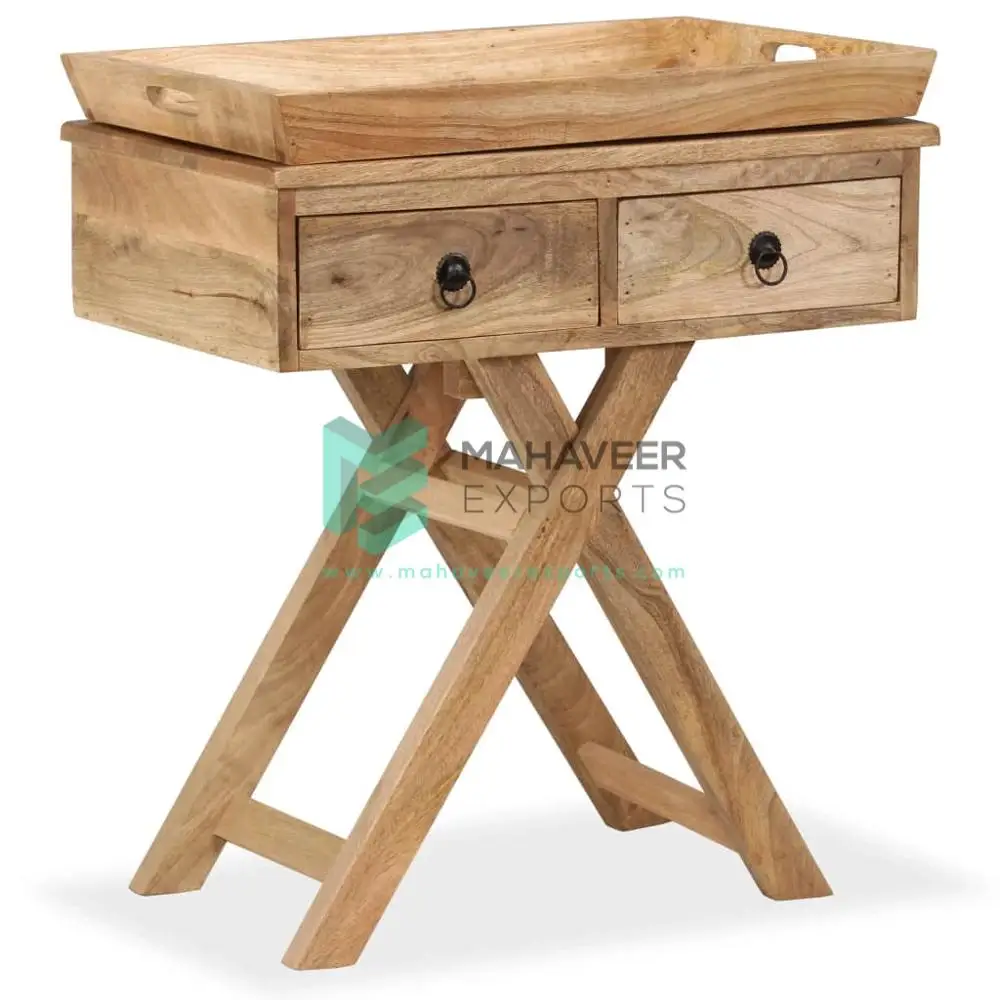 Modern Living Room 2 Drawer 1 Tray Foldable Console Sideboard Mango Wood Furniture