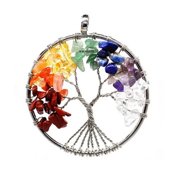 7 Chakra Stones Natural Stone Quartz Tree of Life Pendant for Women Men Healing Crystal Necklace Pendants Reiki Jewelry