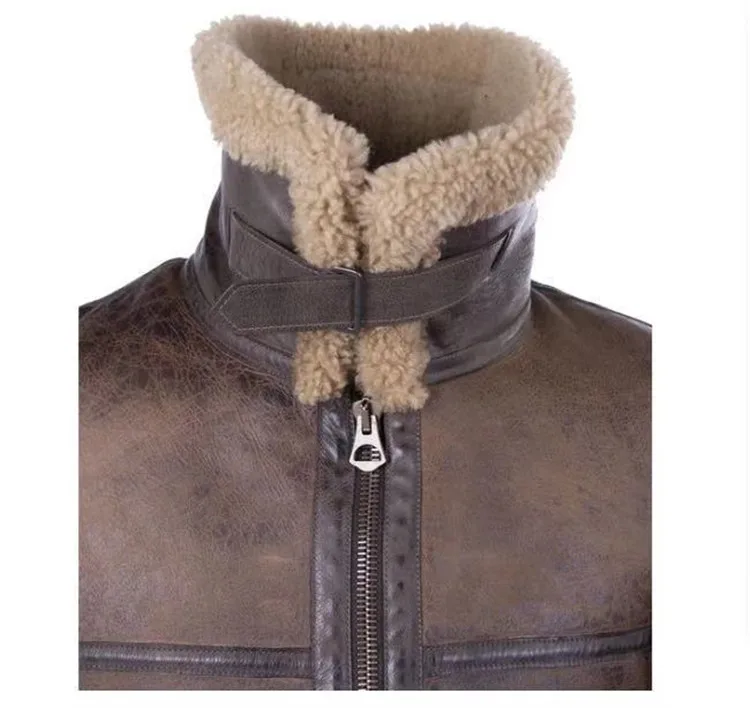  Мужской пилот полиция овчина меховой воротник кожаная куртка