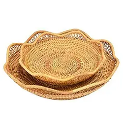 Natural Wavy Border Rattan Bamboo Fruit Bowl Wicker Basket Bread Tray Made in Vietnam