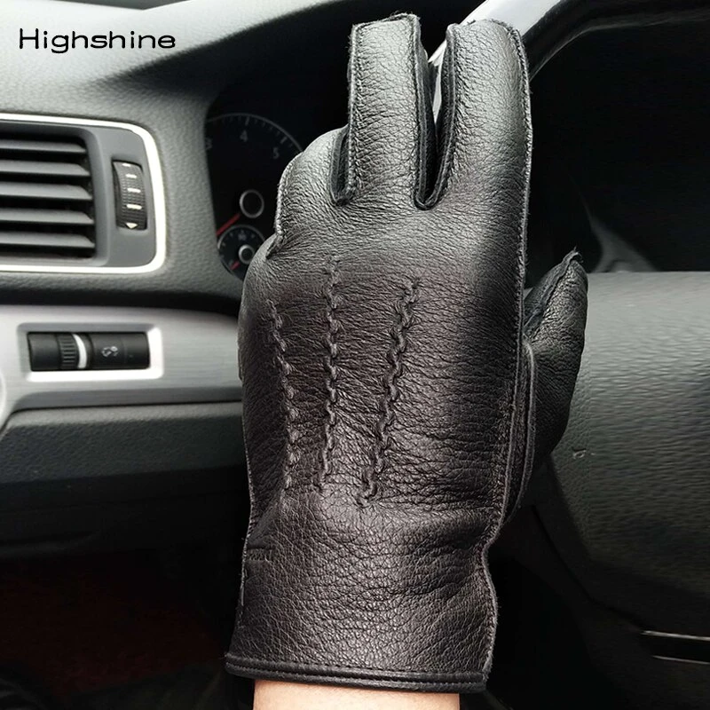 Leather gloves men Lined Deerskin motorcycle Gloves Touch Screen Driving Wool Warm Driving Gloves