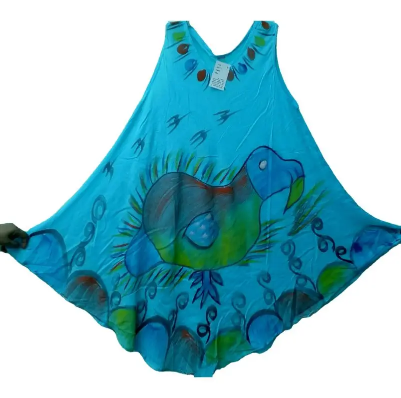 Premium Quality Umbrella Rayon Dresses Expertly Made hand Brush print woman loose beach dress Factory Supply Sleeveless dress