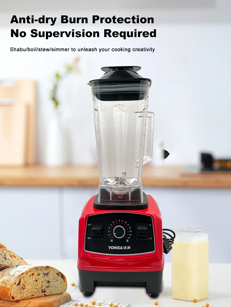 Yonsa Heavy Duty Commercial Blenders High Speed Smoothies Heating Blender Hot & Cold Soup Maker Electric Plastic 15 Red 220 5500