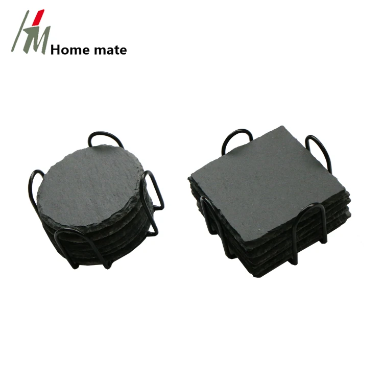 Set of 5 Round Black Natural Rough Edge Slate Stone Drink Coasters for Bar and Home