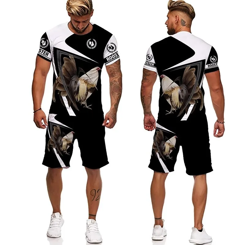 Men Tracksuit 2 Piece Set For Summer Short Sleeve Male Cool Chicken Cock 3D Print T-shirts And Shorts Casual Men Suit