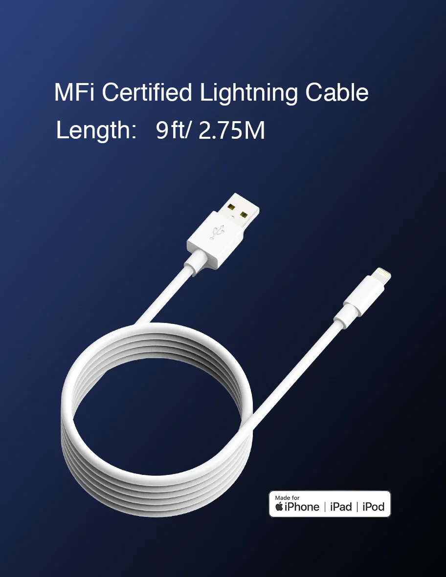 MFi certified lightning cable 9ft/2.75m C48 connector stock available ready to ship in 3 days