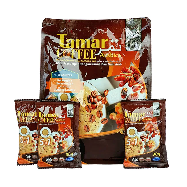 
Premium Quality Tamar Arabica Coffee with Dates and Arabic Gum Instant Coffee Premix Sachets 