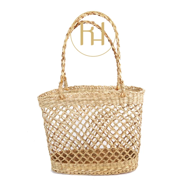 Eco Friendly Vietnam Wholesale Summer Beach Bucket Shape Square Market Shopping Alibaba Amazon Woven Handbag Open Seagrass Bags