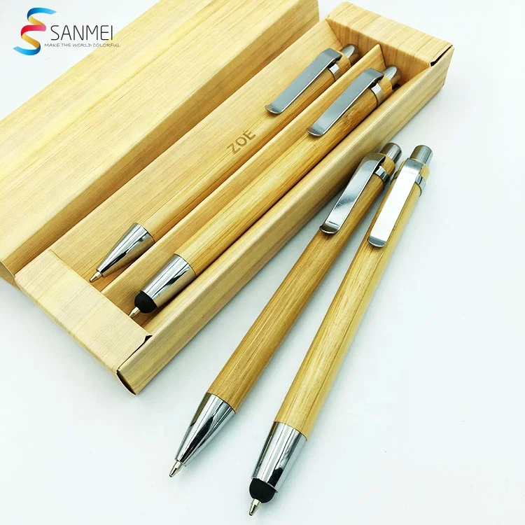 Promotional ball pen stylus touch pen with box logo custom eco bamboo pen set
