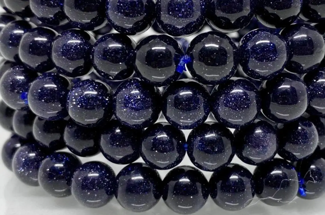 8mm Natural Blue Goldstone  Beaded Bracelet ,Blue Goldstone  Gemstone Bracelet 4mm To 8 mm ,3 Cord strong Rubber Bead Bracelet