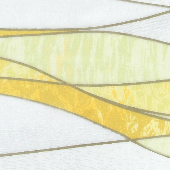 Fashionable and durable curtain fabric with yellow stained glass texture and transparency.