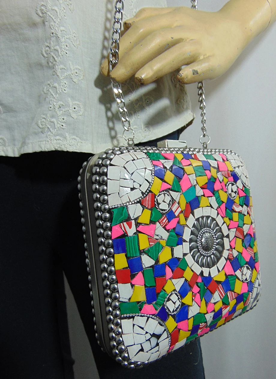 Mosaic Metal Stone Ethnic Bridal Party Women Indian Purse Antique Handmade Girl Gift Sling Clutch Bag
