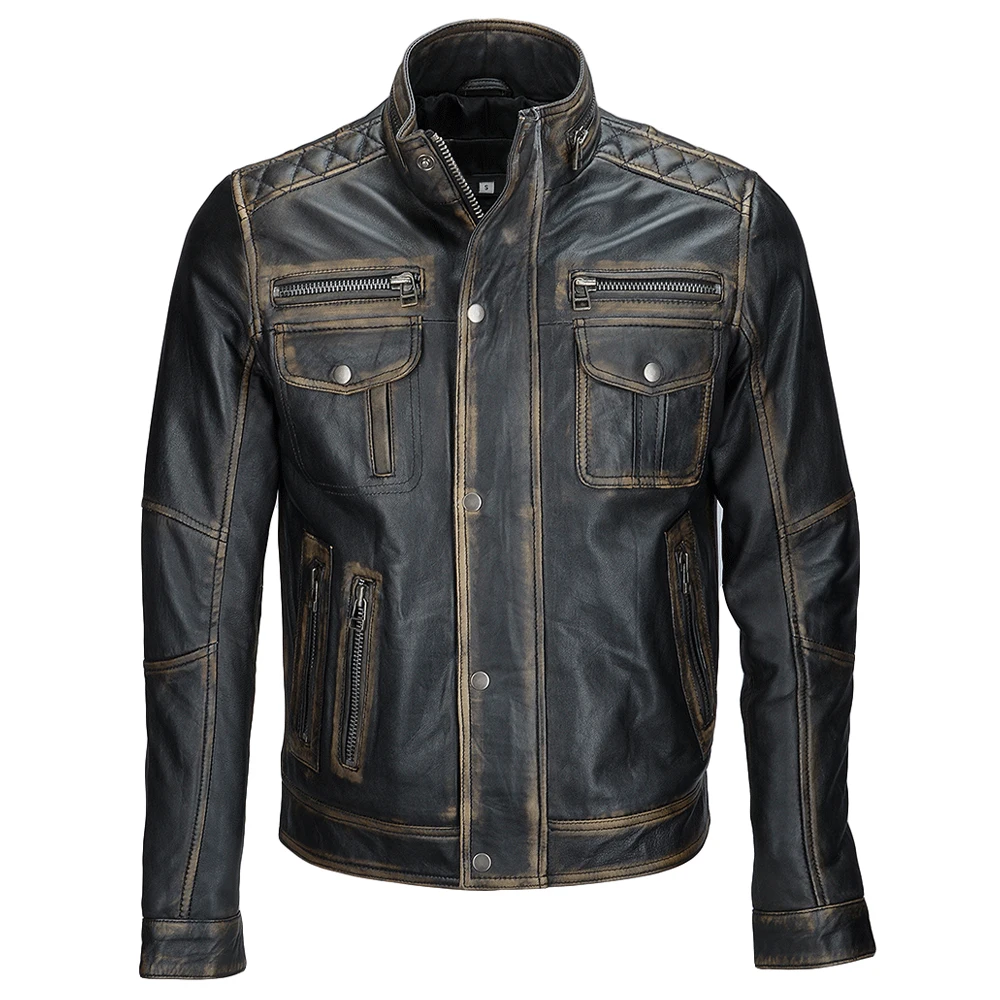 
Sheep Skin Shiny Leather pu Jacket With Regular Sleeves Stand Down Collar Front Pockets 