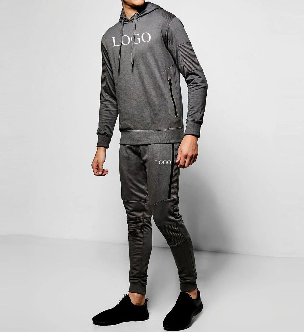 
Мужской серый Стильный облегающий Байкерский спортивный костюм с индивидуальным логотипом спереди и сзади, трендовый мужской спортивный костюм 