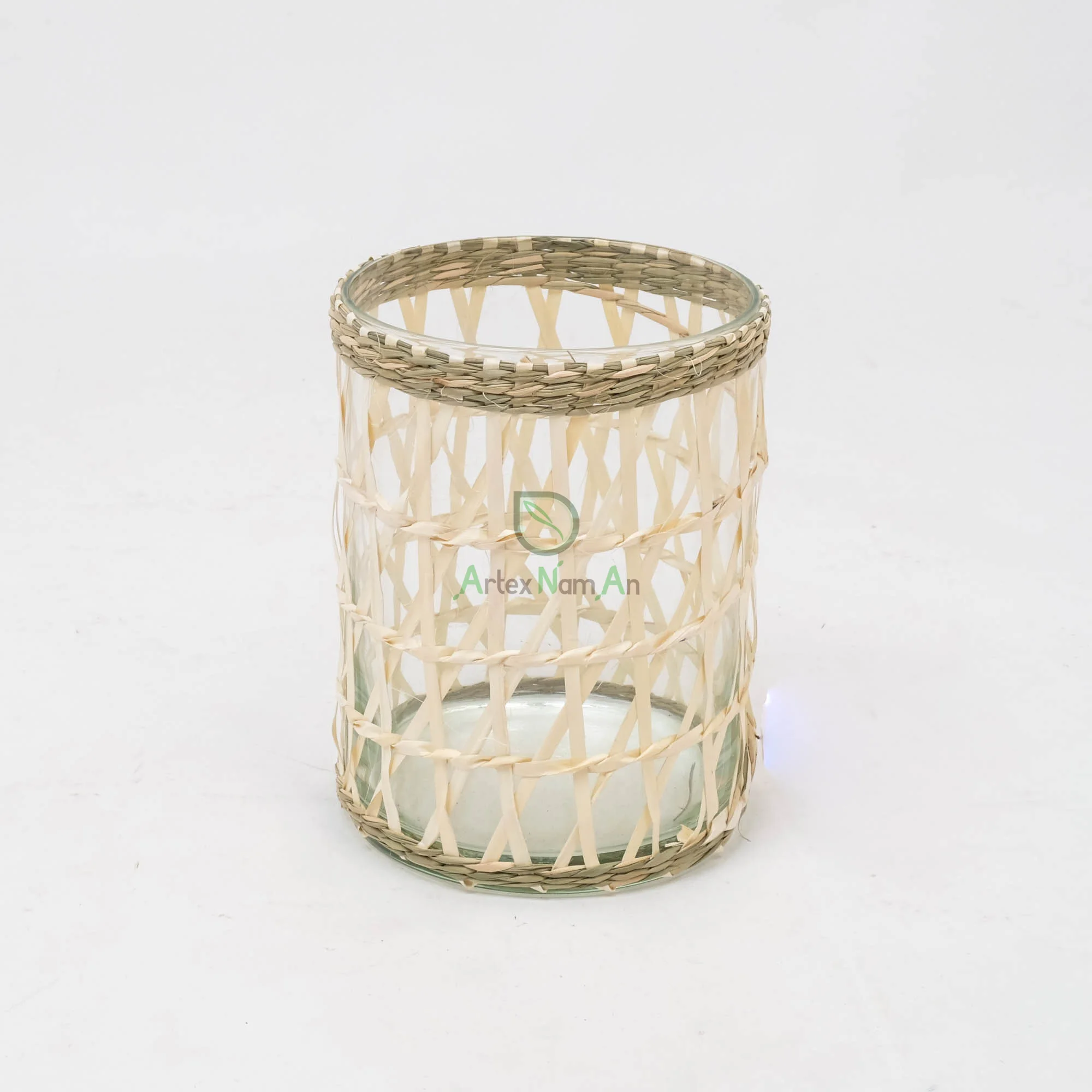 Modern Eco-Friendly Glass and Seagrass Candle Holder Handmade round Lantern with Metal Cup for Home Decoration