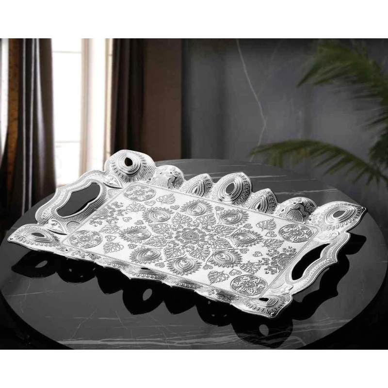 Turkish Silver Gold Serving Tray With Handles Decorative Tabletop Decor Kitchenware Metal Serving Tray Home Decor Handmade Gift