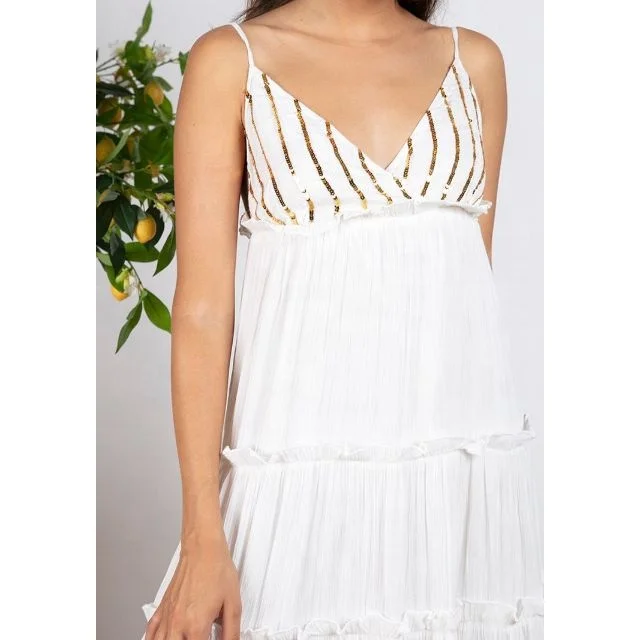 Shimmering Sequin Lines Bust Adjustable Straps Tiered Skirt Frilled Hem Resort Wear Chic Maxi Dress Vacation Days Women Sundress