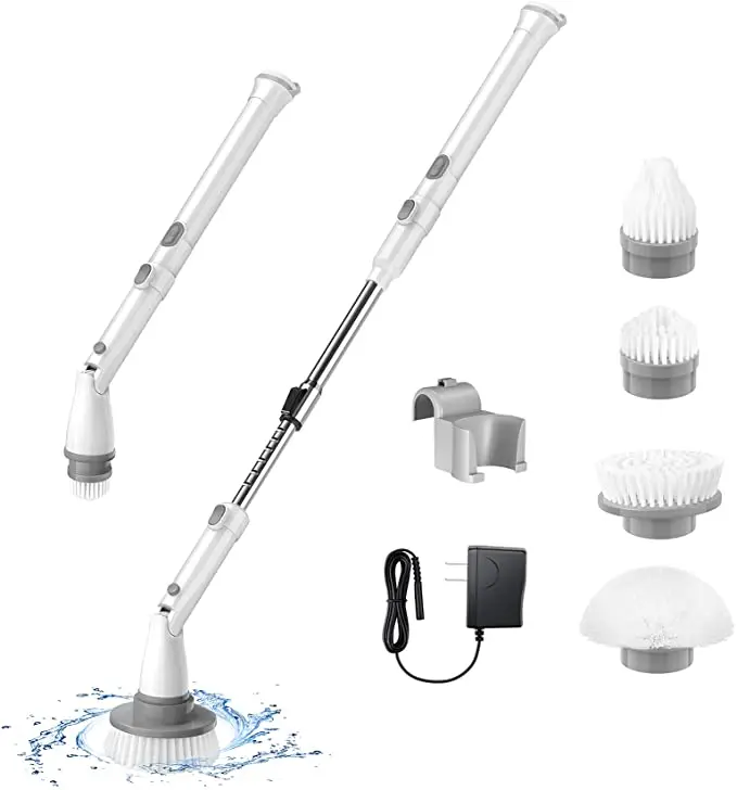 Electric Spin Scrubber with 4 Replaceable Brush Heads and Adjustable Extension Handle