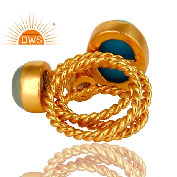 Turquoise, Blue Chalcedony And White Pearl Gold Vermeil Twisted Ring 3 Pieces Set Fashion Brass Ring