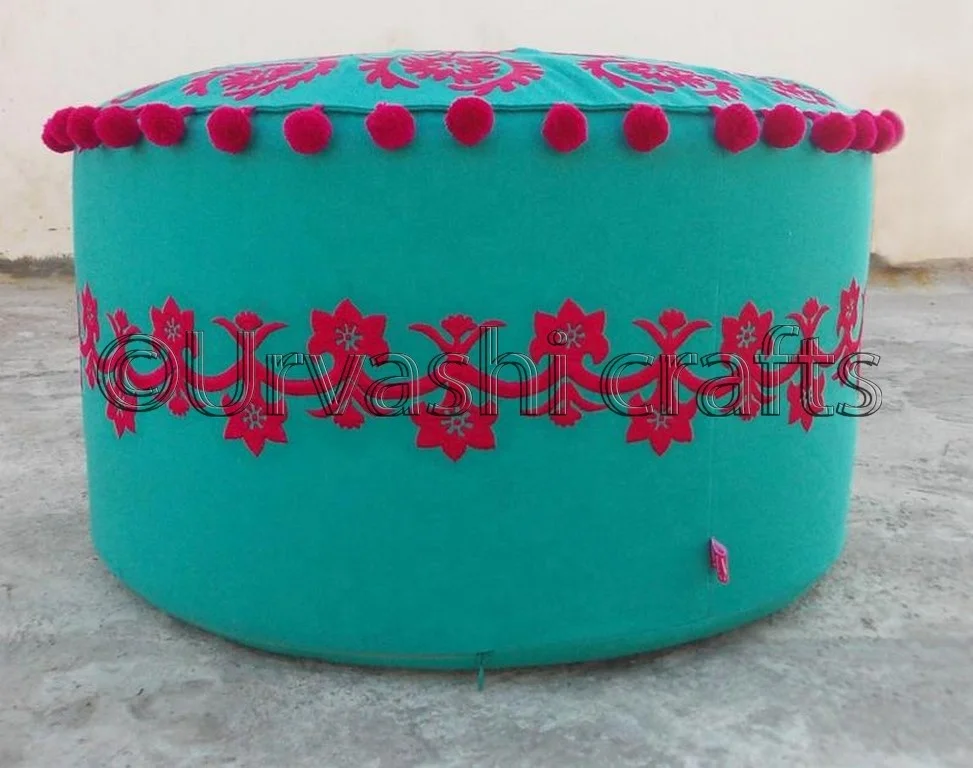 Made in india new gypsy fashion 22X12 inches fluorescent pink with turquoise bohemian ottoman cover folk pouf