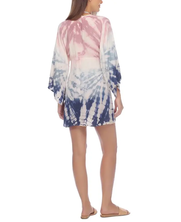 Summer Women Dresses Tie Dye Print  Loose tunic short  Dress Curved Hem V Neck