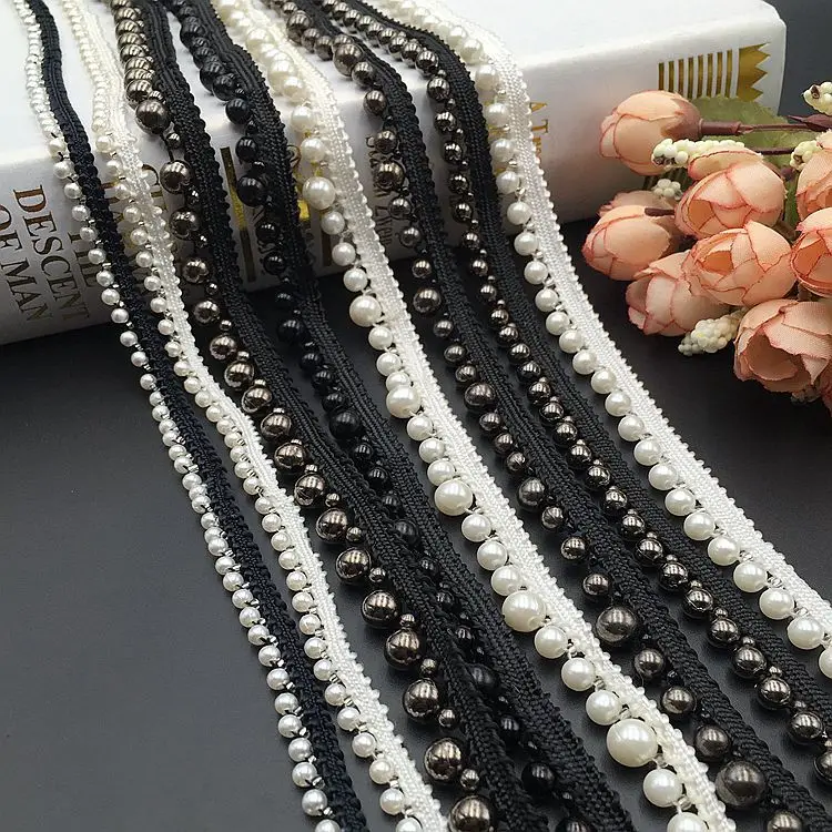 
GUGUTREE Pearl Beaded Lace Edge Trim,beads laces trims Ribbon,Bridal Dress Tassels braid pearls DIY accessory appliques,KZ203266 