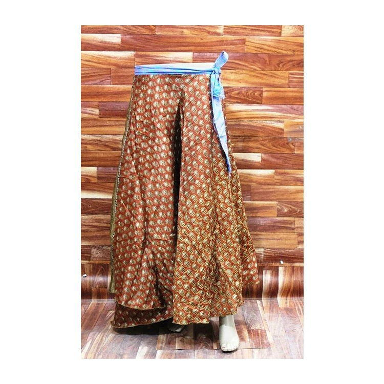 Vintage Recycled Silk Sari Floral Printed Wrap Around Skirts with Belt Long Summer Beach Wear Skirts for Women and Girls